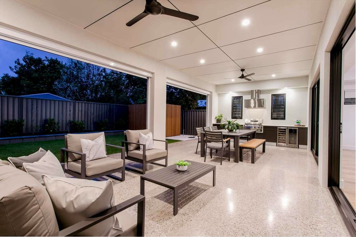Polished concrete alfresco area at dusk, Fullarton